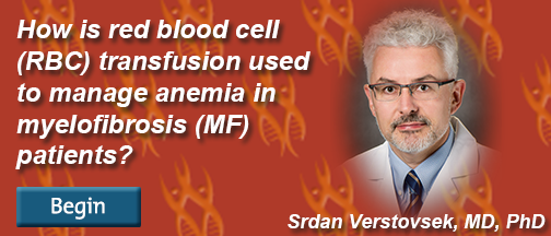 How is red blood cell (RBC) transfusion used to manage anemia in myelofibrosis (MF) patients?